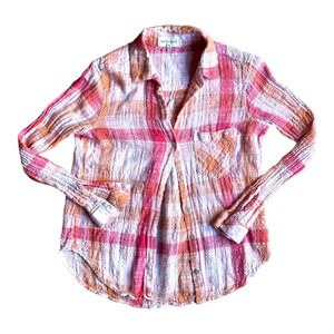 Bella Dahl Plaid Pocket Flannel Button Down Shirt Pink Orange Size XS